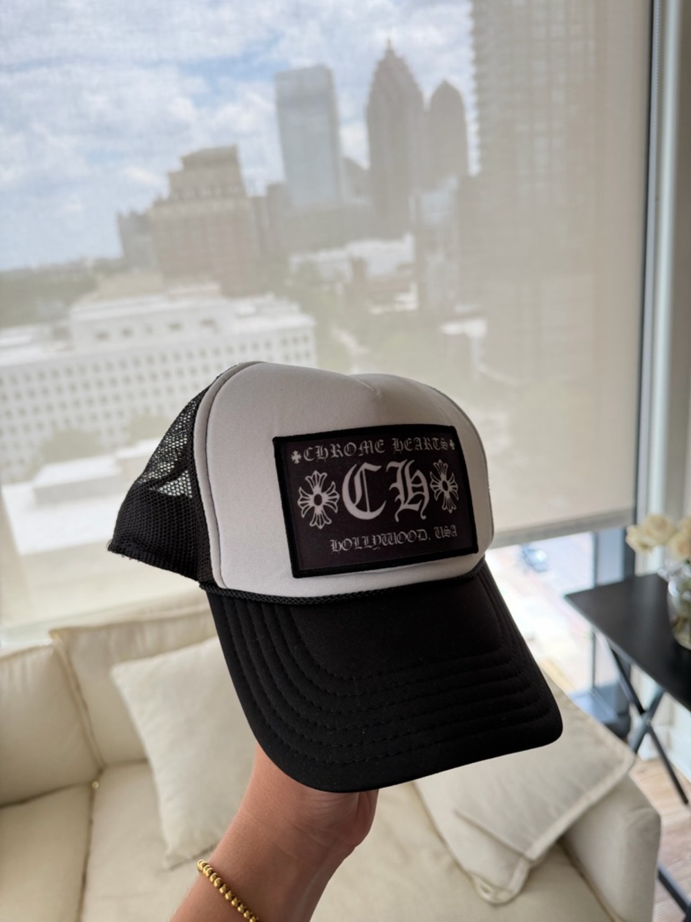 Chrome Hearts Black and White Logo Trucker Hat Boutique